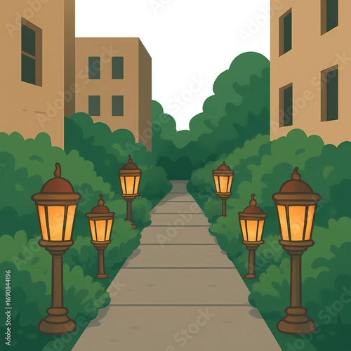 A pathway lined with lanterns through lush green foliage towards a bright sunny day between two buildings