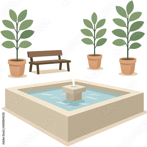 A serene public garden or courtyard scene featuring a classic water fountain, a wooden bench, and lush potted plants for relaxation and tranquility