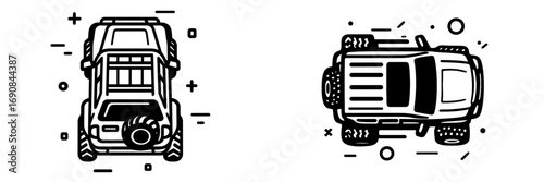 Black and white line art drawing of a 4x4 off-road adventure vehicle shown from top and rear views, an SUV icon for travel and exploration