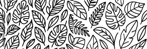 Seamless pattern of hand drawn tropical leaves in a simple black and white line art style. Exotic jungle foliage background with monstera and palm leaf doodles
