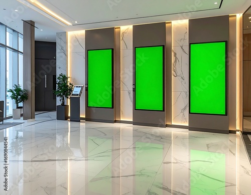 Modern office lobby with a reception desk and two large vertical green screen digital signage displays.