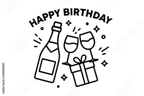 Happy Birthday greeting card design with champagne bottle, clinking wine glasses, and a gift box line art icon