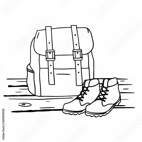 A backpack with straps and buckles and a pair of hiking boots on a wooden surface illustration