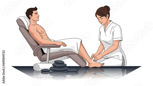 Male patient receiving a relaxing hot stone foot massage from a therapist in a spa or clinic setting for wellness and healing