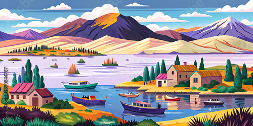 Lake Titicaca in Andes mountains, Peru Bolivia border, highest navigable lake in the world, cultural heritage
