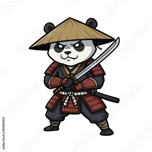 A cartoon panda in samurai armor holds a katana It wears a straw hat The background is plain white