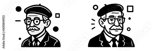 Wallpaper Mural Minimalist black and white icon set featuring a retro portrait of an elderly man with a mustache, glasses, and a beret in a bold graphic style Torontodigital.ca