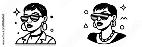 Set of two black and white retro fashion portraits of a stylish woman with short hair wearing shutter sunglasses and hoop earrings, isolated graphic sticker design