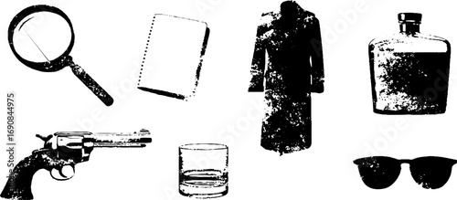 Vintage detective themed grunge icons set for design: magnifying glass, gun, coat, and more
