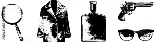 Detective mystery elements: magnifying glass, trench coat, flask, revolver, and sunglasses in grunge style