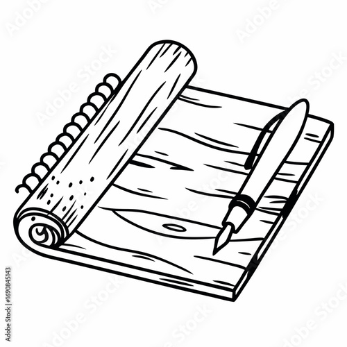 Illustration of a notepad with a pen resting on it, showing a simple black and white line drawing style