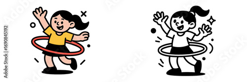 Happy cartoon girl playing with a hula hoop, cute child character doing fitness exercise for fun and recreation