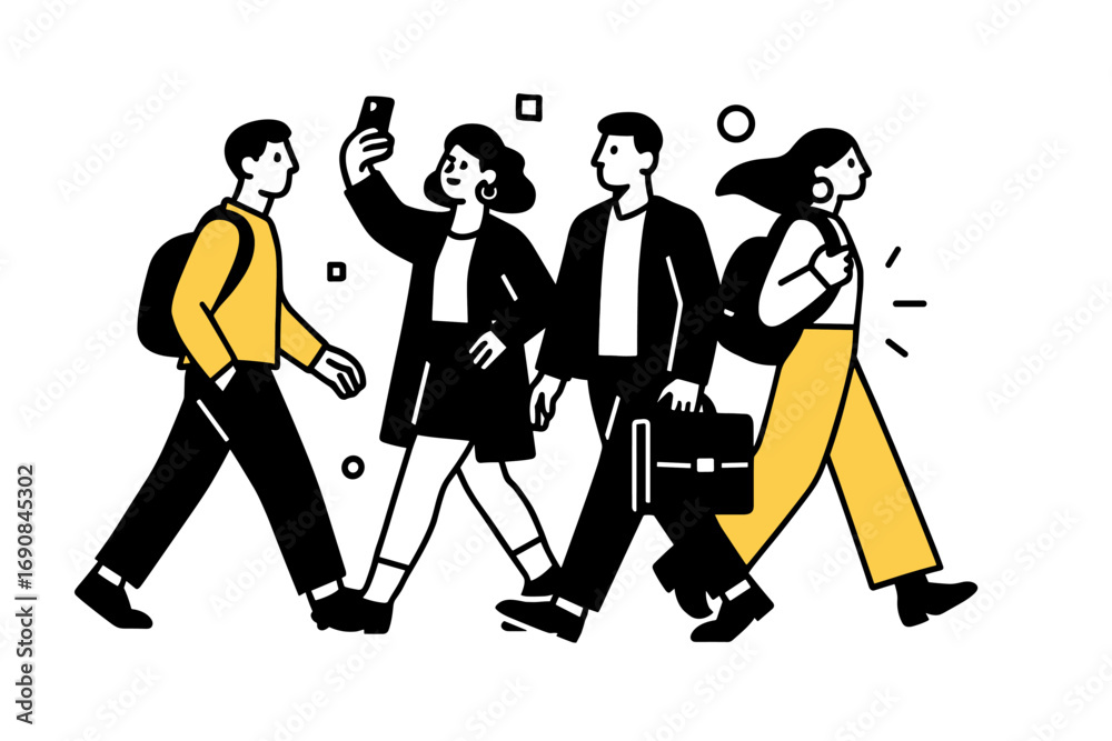 Obraz premium Minimalist graphic of a diverse group of young professionals and students walking together, a woman takes a selfie while a man carries a briefcase