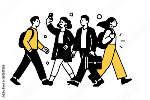 Minimalist graphic of a diverse group of young professionals and students walking together, a woman takes a selfie while a man carries a briefcase