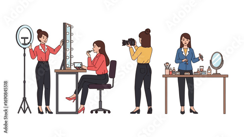 Diverse women creating content with beauty products makeup tutorials and vlogging setup showing camera ring light and vanity table
