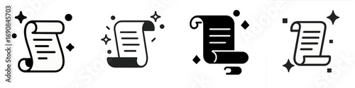 Collection of magic scroll icons representing ancient parchment, historical documents, and spell lists in simple glyph and line art styles