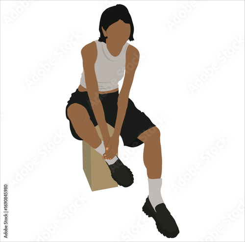 Stylish Girl Sitting in White Tank Top and Black Shorts