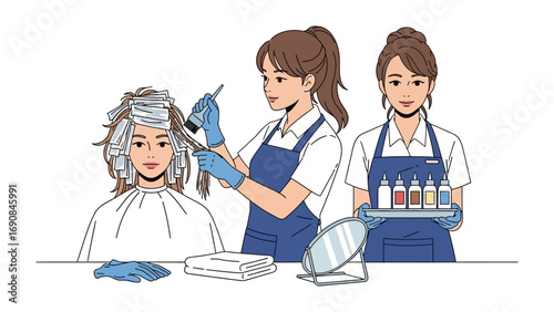 Skilled hairstylists meticulously applying hair dye to a client s perm styled hair with professional tools and products in a salon setting