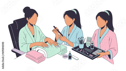 Three diverse women in comfortable robes enjoying a relaxing spa day with manicures and makeup application in a bright clean setting