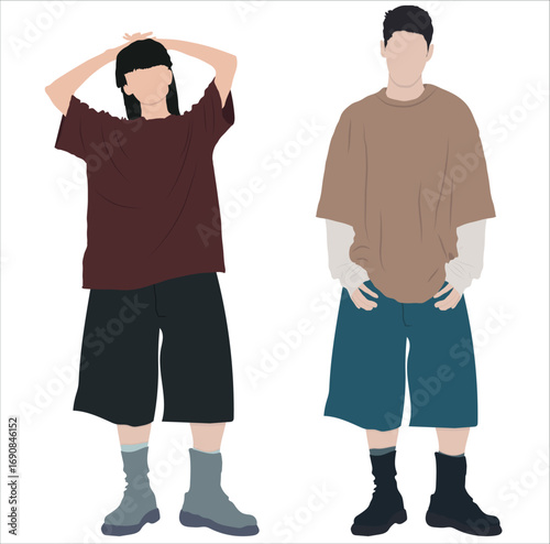 Modern Boy and Girl in Oversized T-Shirts and Shorts