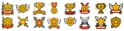 Set of victory and award icons for gaming, including trophies, medals, shields, and swords with stars and banners