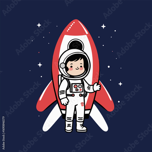 A whimsical illustration of a cute astronaut with sparkling eyes, sitting in a colorful rocket adorned with stickers, as they prepare for launch towards Mars, with playful clouds and stars surrounding
