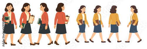 Walking businesswoman character animation sequence with front, side, and back views for creating motion graphics or explainer videos