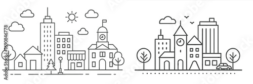 Set of two urban cityscape and townscape banners in a minimalist line art style with skyscrapers, houses, and a clock tower
