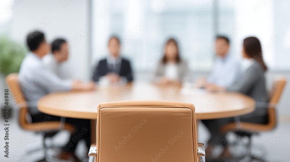 Fototapeta premium Focused Meeting Scene with Blurred Participants at Round Table in Modern Office Setting, Emphasizing Discussion and Collaboration Among Team Members