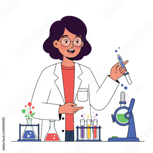 A cartoon scientist with lab equipment
