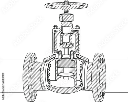 Detailed hand-drawn cross-sectional illustration of an industrial globe valve with flanged pipe connections and internal mechanical components for engineering design