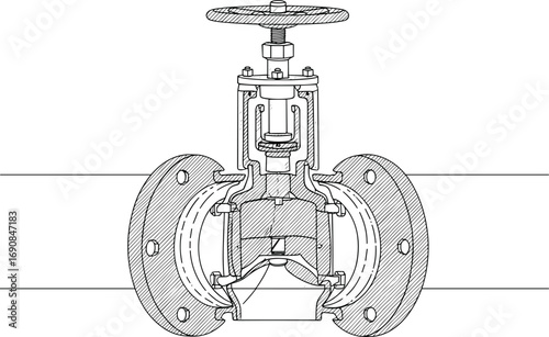 Hand-drawn technical cross-sectional illustration of an industrial globe valve with flanged pipe connections, detailed mechanical components, and flow control mechanism