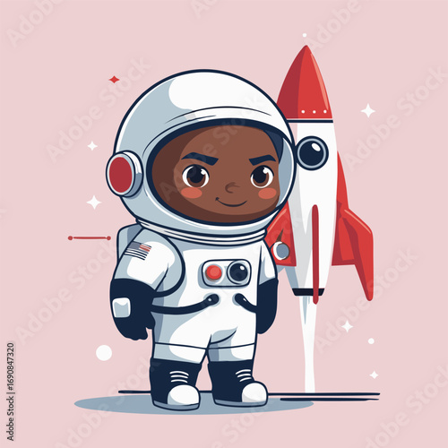 A vibrant illustration of a cute astronaut with big, happy eyes, seated in a colorful rocket, joyfully pressing buttons as they prepare for launch, with a backdrop of swirling galaxies and bright star