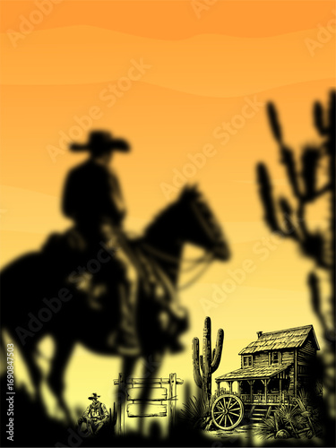 cowboy riding horse in sunset