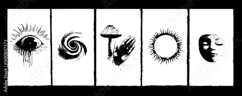 Grunge black and white set featuring melting eye, swirl, mushroom, sun, and mask for urban design