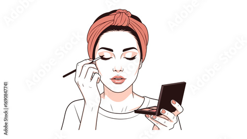 Woman with a towel wrapped around her head applying eyeshadow with a brush while holding a makeup compact artistic sketch style