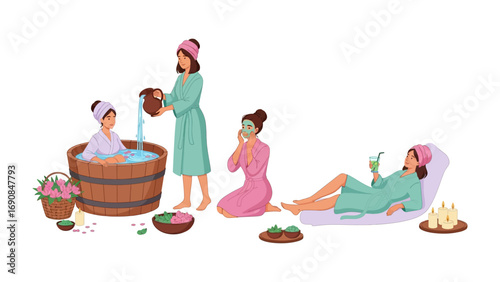 Relaxing spa day with women enjoying baths facials and massages in a serene and tranquil wellness environment