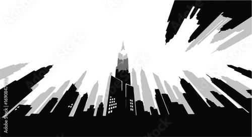 Dramatic cityscape silhouette with towering buildings under a bright sky