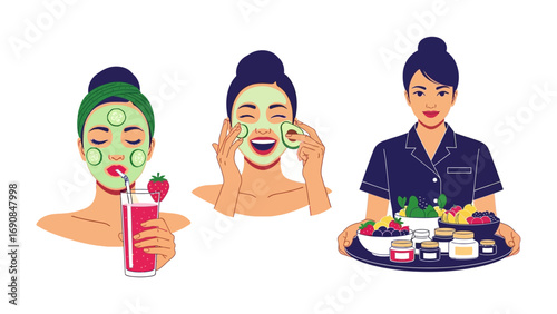 Three women enjoying a luxurious home spa experience with facial masks refreshing drinks and a tray of beauty products for self care