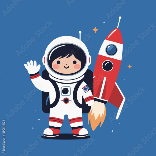 A whimsical illustration of a cute astronaut with a big grin, waving from the cockpit of a brightly colored rocket, as they zoom past sparkling stars and a stunning view of Mars in the background.