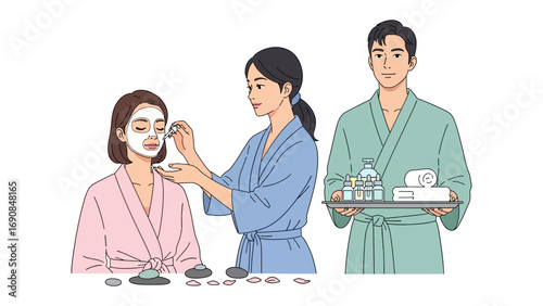 Aesthetician applying a facial mask to a woman while a man holds a tray of spa products and toiletries for a relaxing beauty treatment