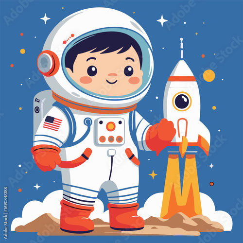 An adorable scene featuring a cheerful astronaut sitting in a playful rocket filled with space gadgets, holding a glowing star map, looking excited about their journey to Mars.