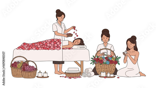 Relaxing spa scene with therapists giving treatment to client and offering flowers and essential oils for wellness