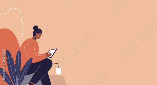 A focused woman uses a tablet in a relaxed setting, blending productivity with leisure. Ideal for concepts of remote work, digital learning, or casual browsing.