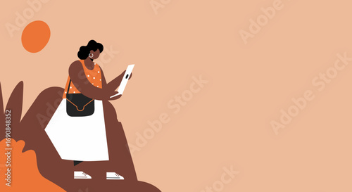 Stylish Black woman uses a smartphone in a warm, earthy outdoor landscape. Perfect for modern lifestyle, travel, and digital connectivity themes.