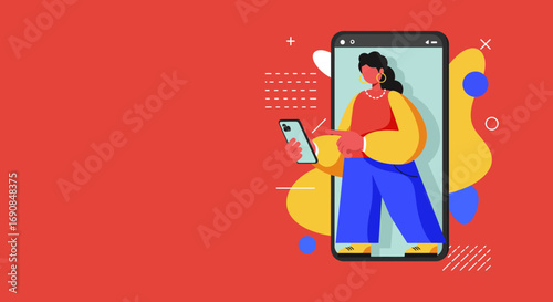 Illustration of a woman engaging with a smartphone, representing digital connectivity, online communication, and mobile app interaction for modern lifestyle and business.