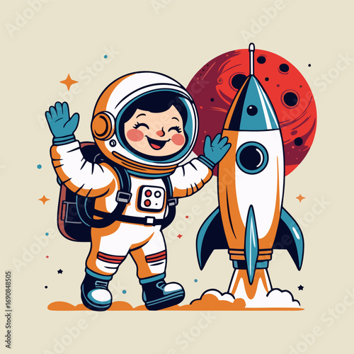 A charming illustration of a joyful astronaut in a cozy rocket, surrounded by floating space snacks and toys, as they prepare to land on Mars, with the planet's red surface visible through the window.