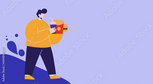 Stylized illustration of a person carrying a fast-food meal, including a burger, fries, and a drink, representing convenience and modern lifestyle.