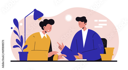 Two professionals in a modern office, engaged in a productive discussion or interview. Perfect for showcasing business collaboration, teamwork, and mentorship.