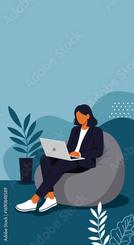 Businesswoman working comfortably on her laptop from a modern, stylized home or remote office. Depicts flexible work, productivity, and modern lifestyle.